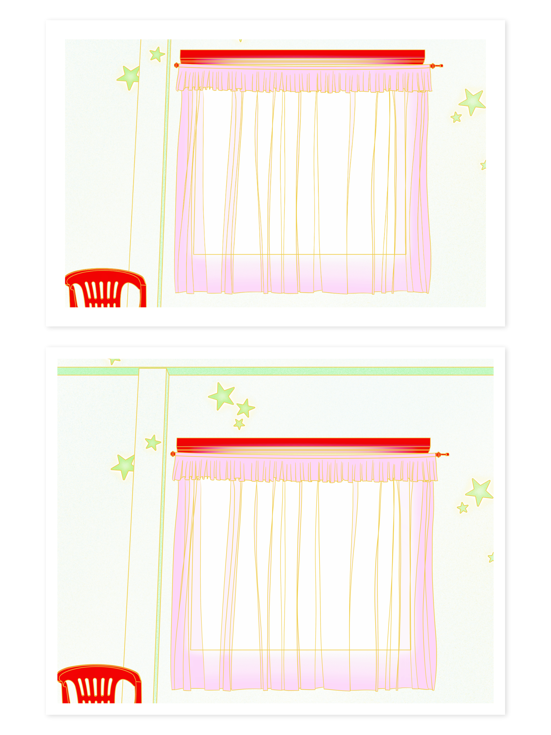 6 by 4 & 10 by 8 prints of red plastic chair left of window with light shining through its pink curtain, and green glowing stars on the wall