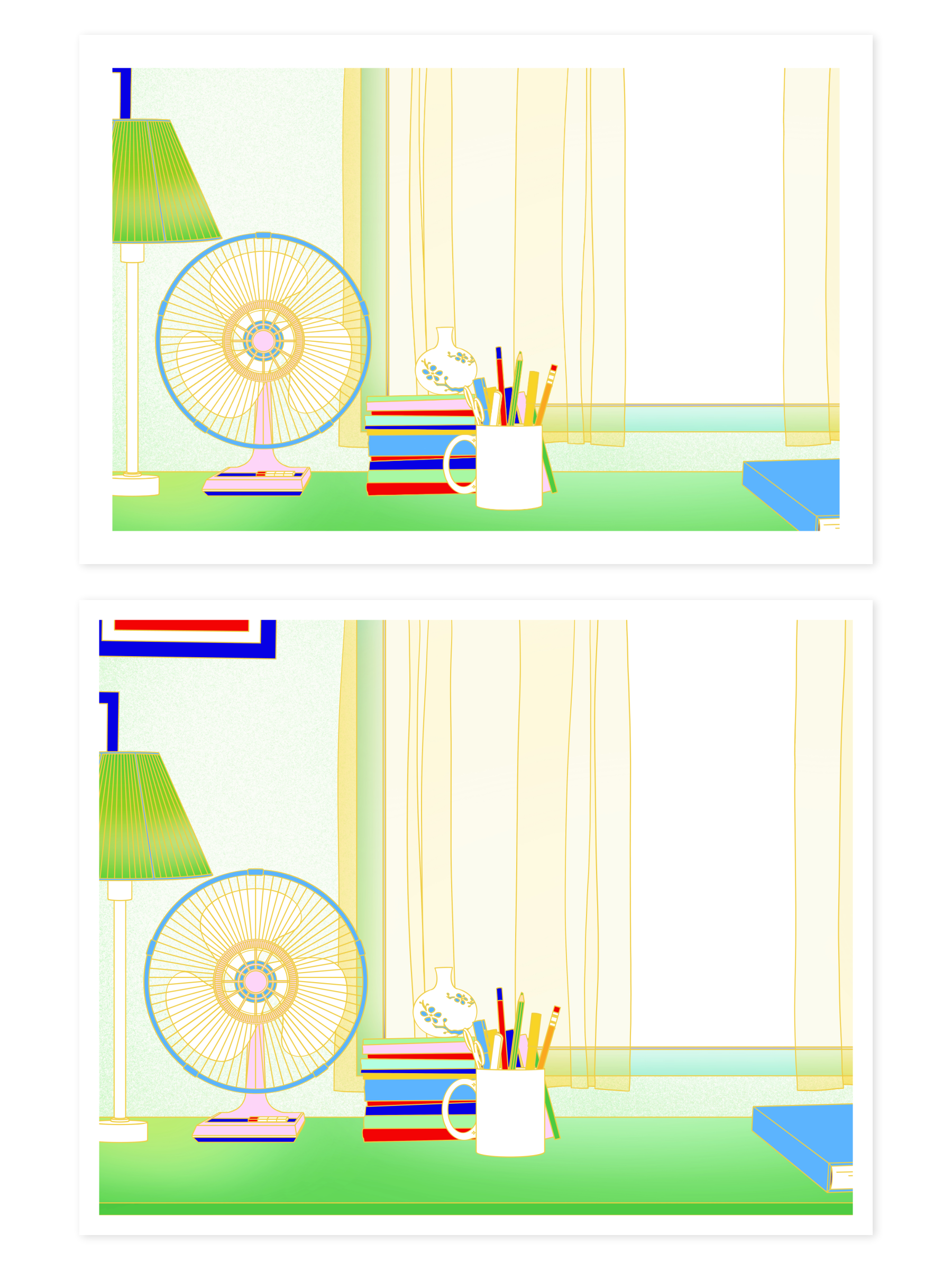 6 by 4 & 10 by 8 prints of a green desk with a vintage pink fan, stack of books with a small vase on top, mug with utensils inside, and window with transparent yellow curtains