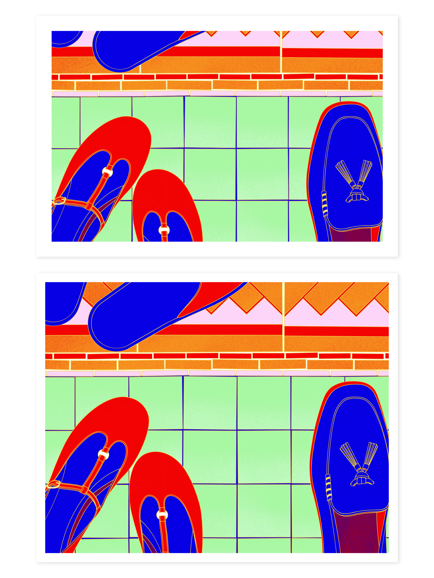 6 by 4 & 10 by 8 prints of top view of red and blue shoes on colorful tile