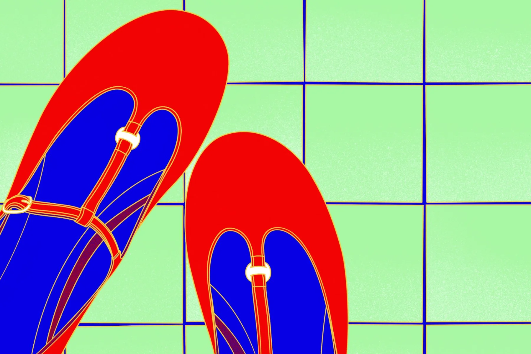 Close up detail of red and blue mary jane flats on top of green tiles