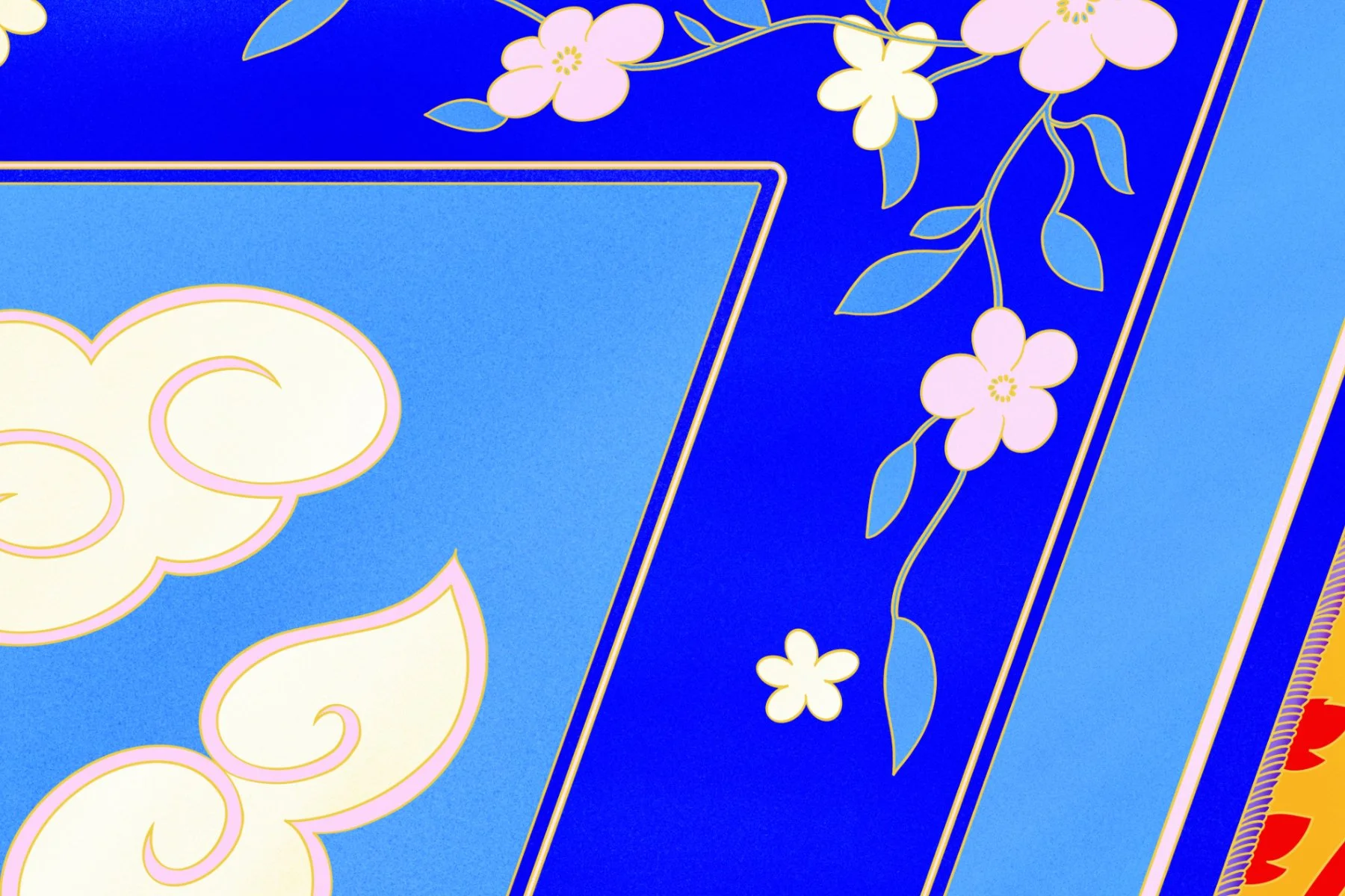 Close up detail of a blue oriental rug w/ floral edge details and cloud imagery