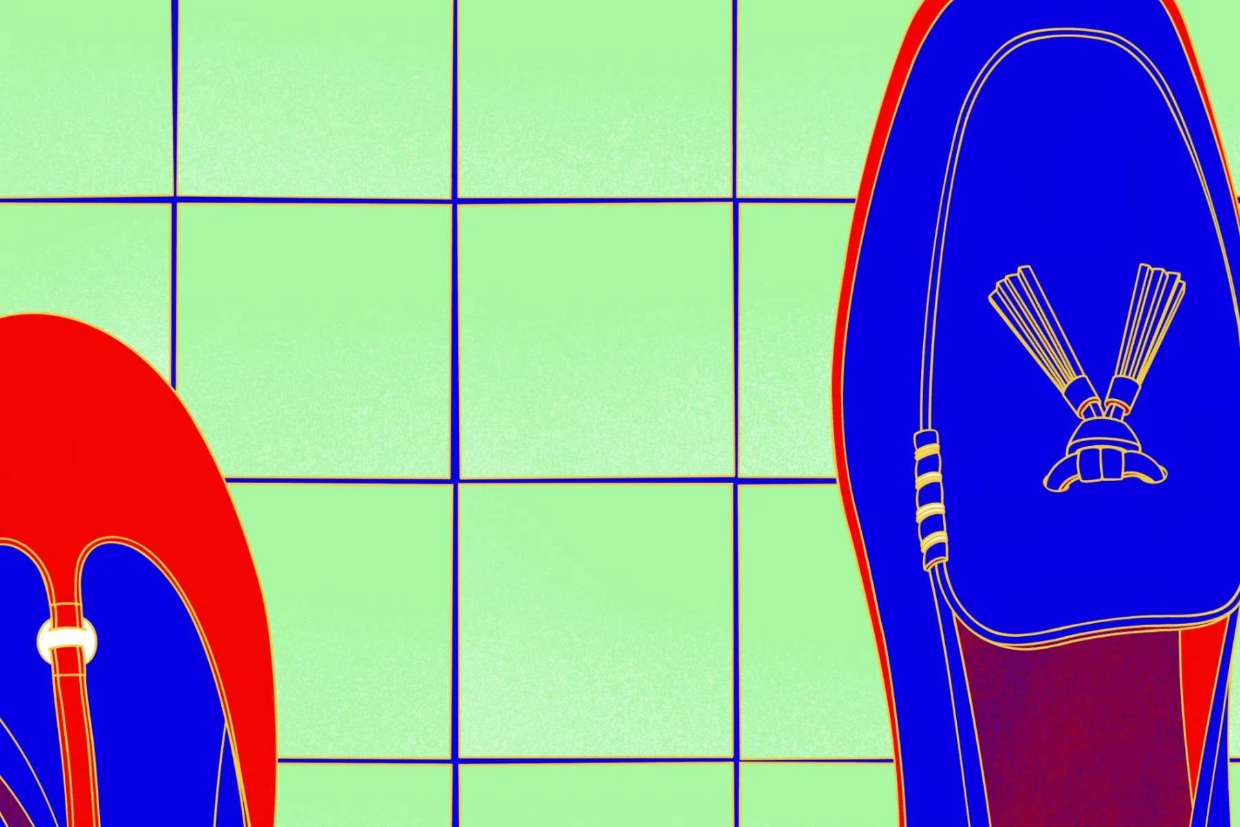 Close up detail of one red and blue mary jane flat and one red and blue men's dress shoe on top of green tiles