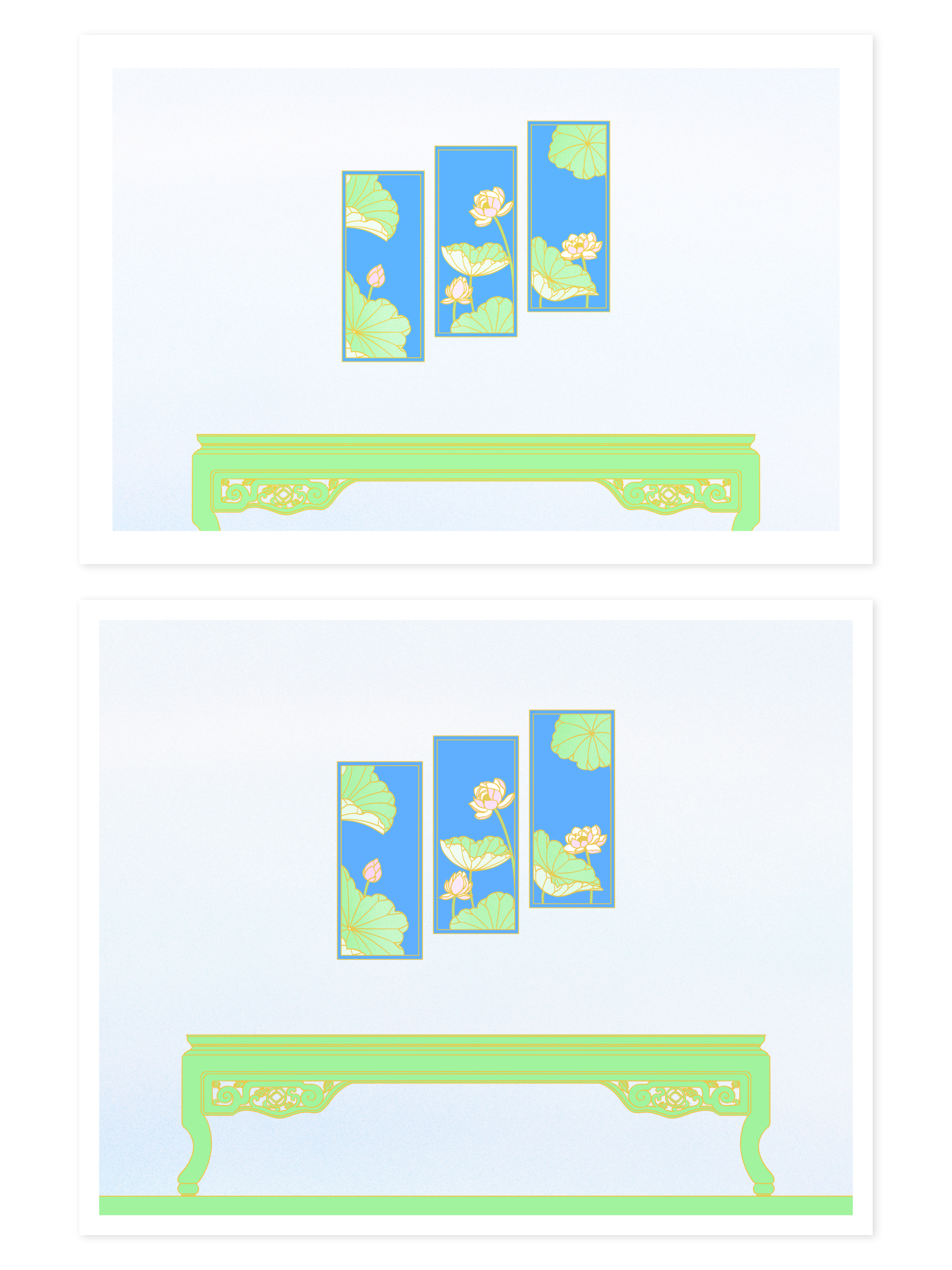 6 by 4 & 10 by 8 prints of 3 blue panels with lotus flower imagery positioned on top of a green oriental table