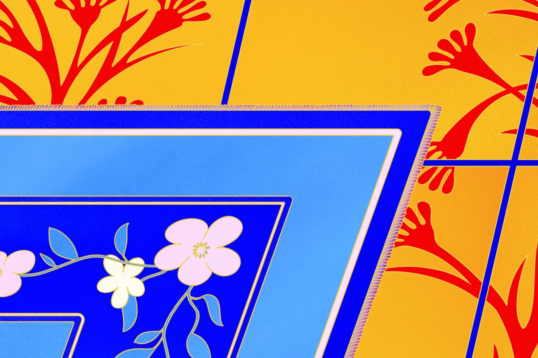 Close up detail of a corner of blue oriental rug w/ floral edge details against bright orange tiles