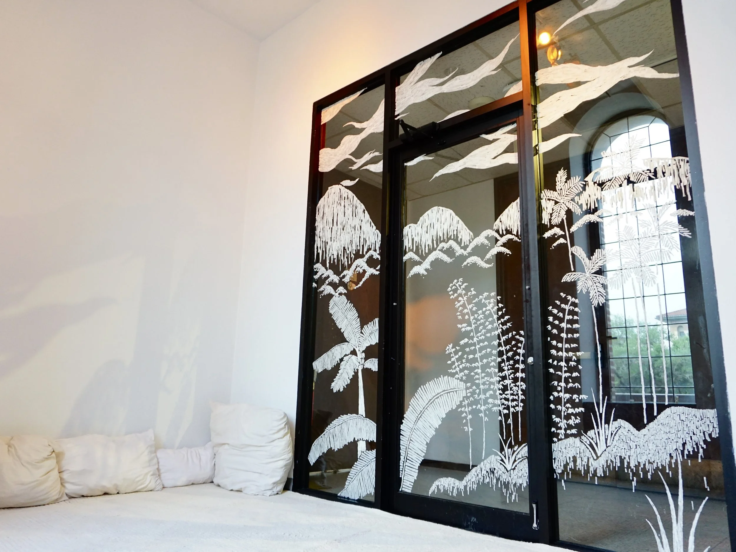 Window mural: masking tape | Pillow