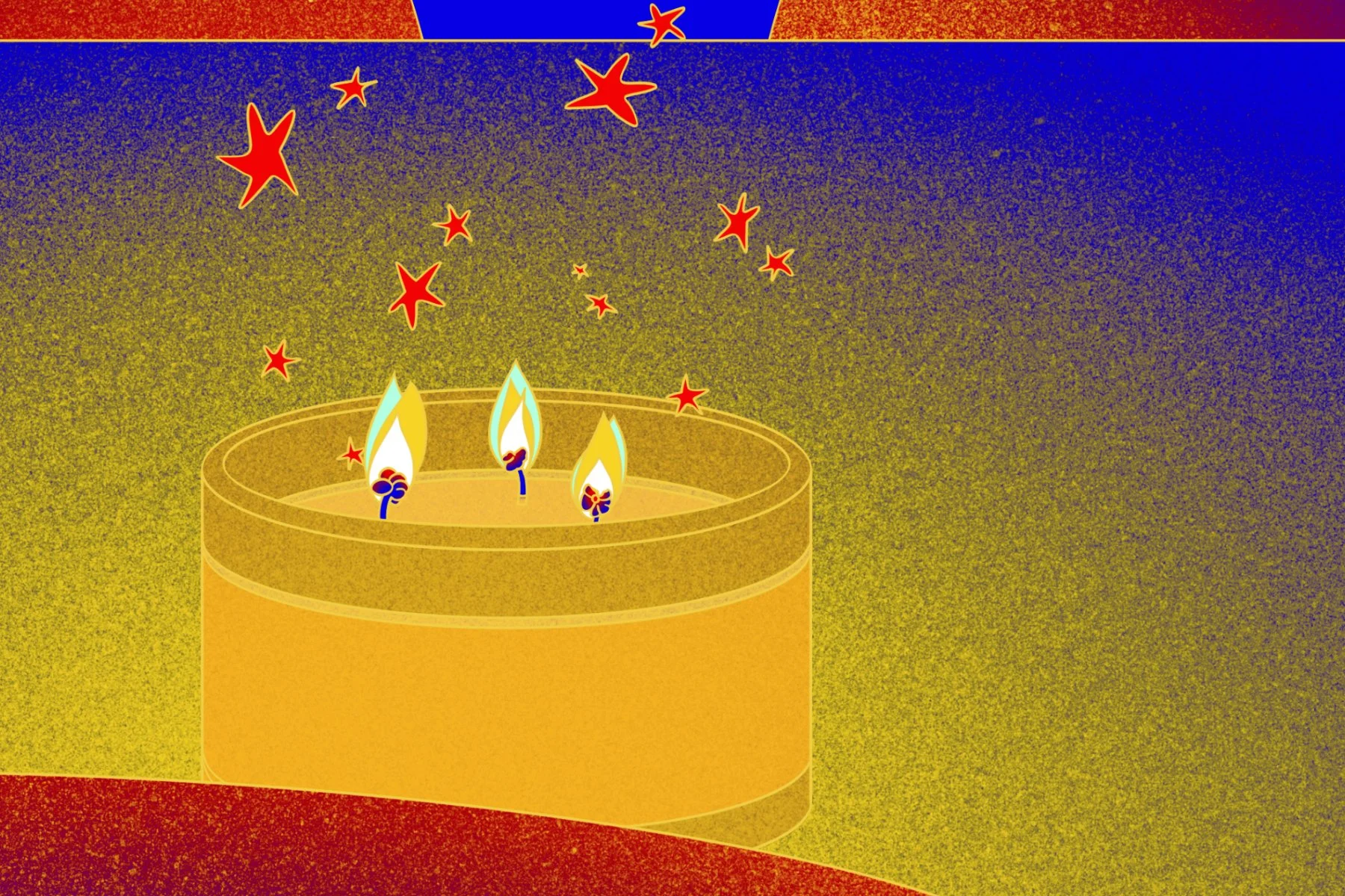 Close up detail of a lit glowing yellow orange candle with red stars floating above