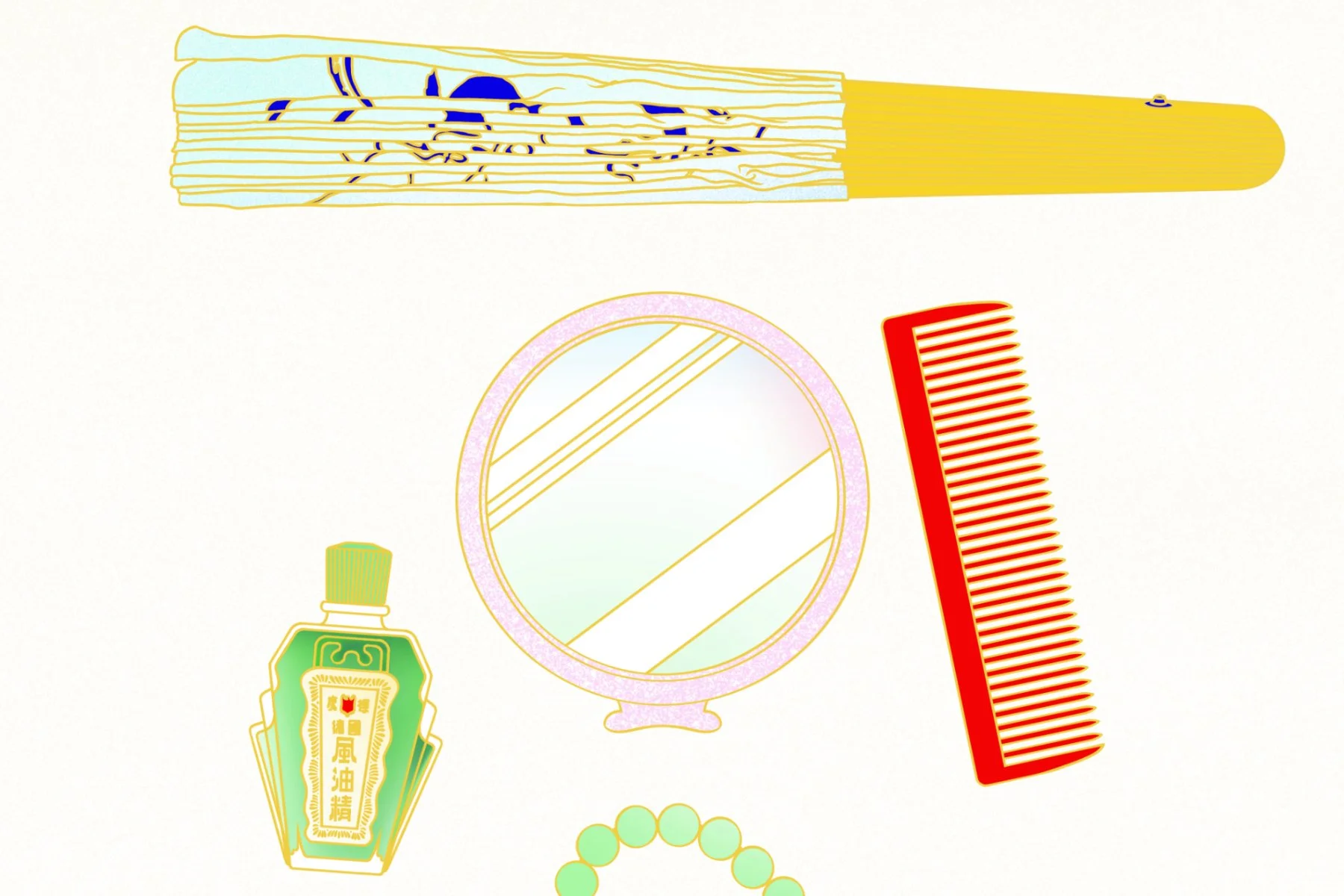 Close up detail of a closed light blue fan, green essential oil, small round pink mirror, and a red comb