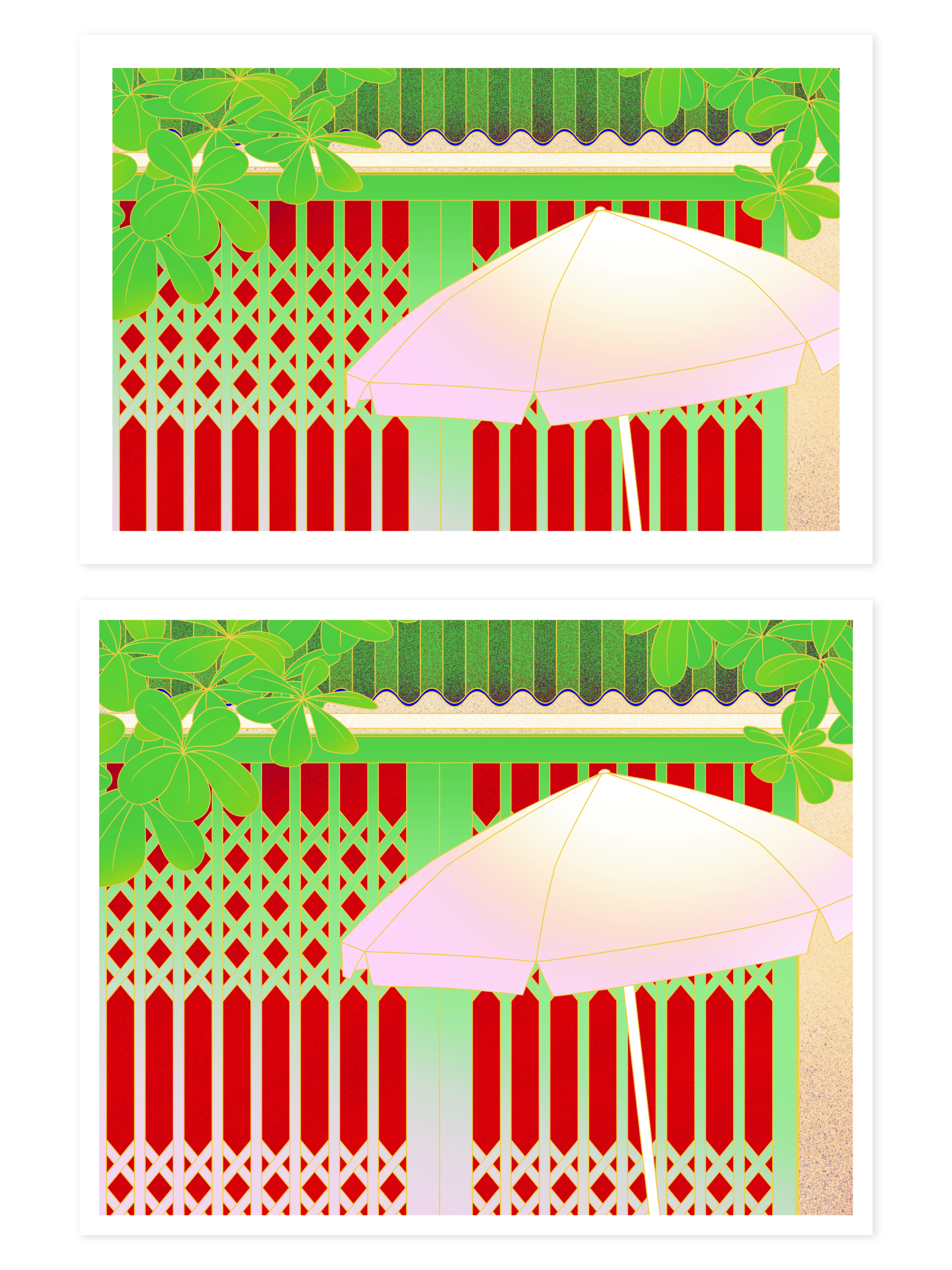 6 by 4 & 10 by 8 prints of a pink umbrella in front of a Vietnamese home with green and red gates, umbrella tree leaves coming from the top left and right corners