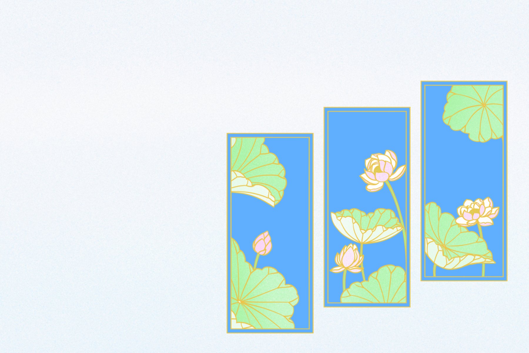 Close up detail of 3 blue panels with lotus imagery