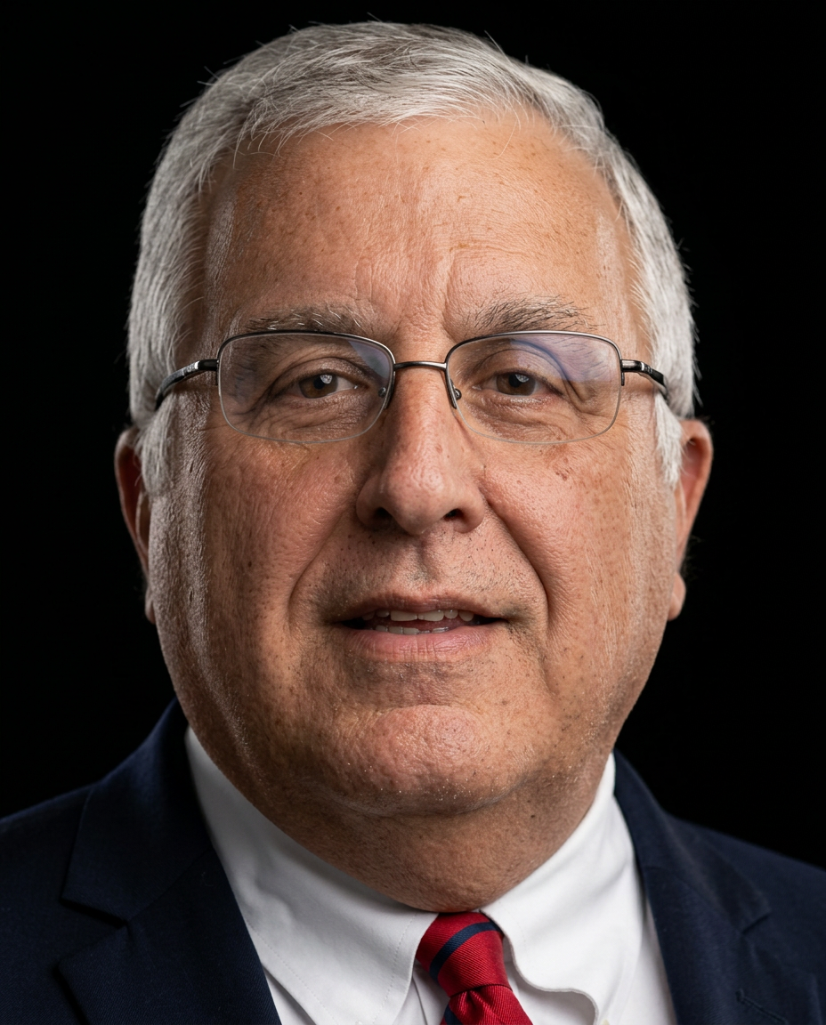 Portrait of an older man with gray hair and glasses, wearing a suit and tie.