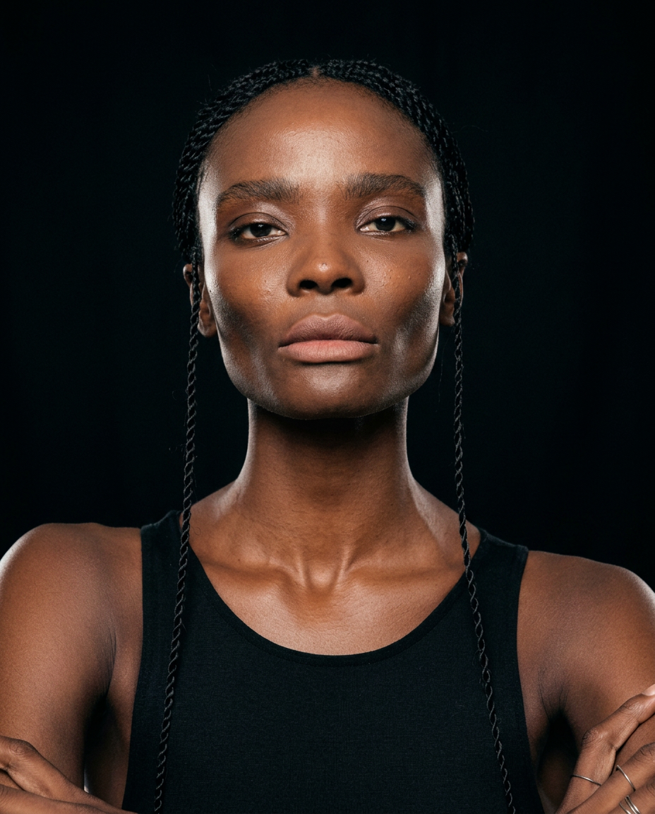 Portrait of a confident woman with braided hair against a plain background, wearing a black tank top, with arms crossed