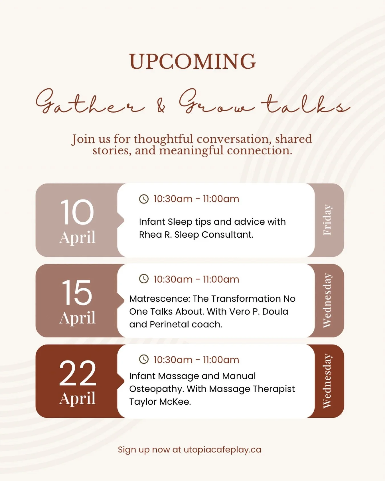 The upcoming mom group talks! Don&rsquo;t forget to book your spot