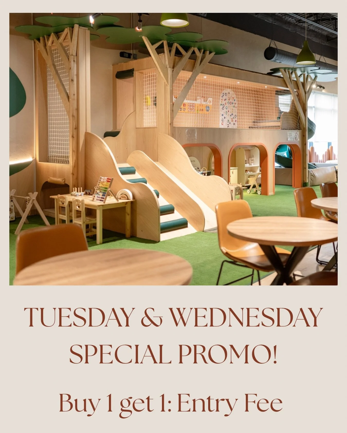 Come join us tomorrow and Wednesday and enjoy our BOGO admission fee deal!! 
Applicable May 26 and 27 only. 
At Utopia Cafe &amp; Play