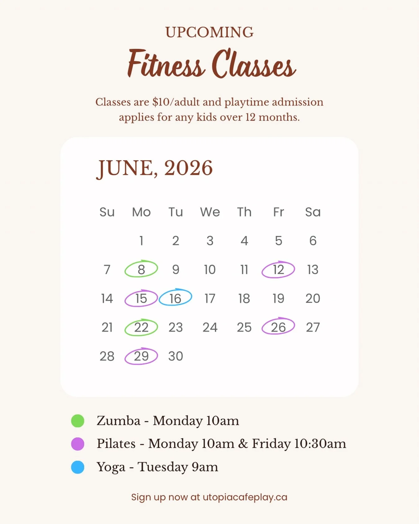 Here&rsquo;s the June Schedule for our fitness classes. Sign up online at utopiacafeplay.ca