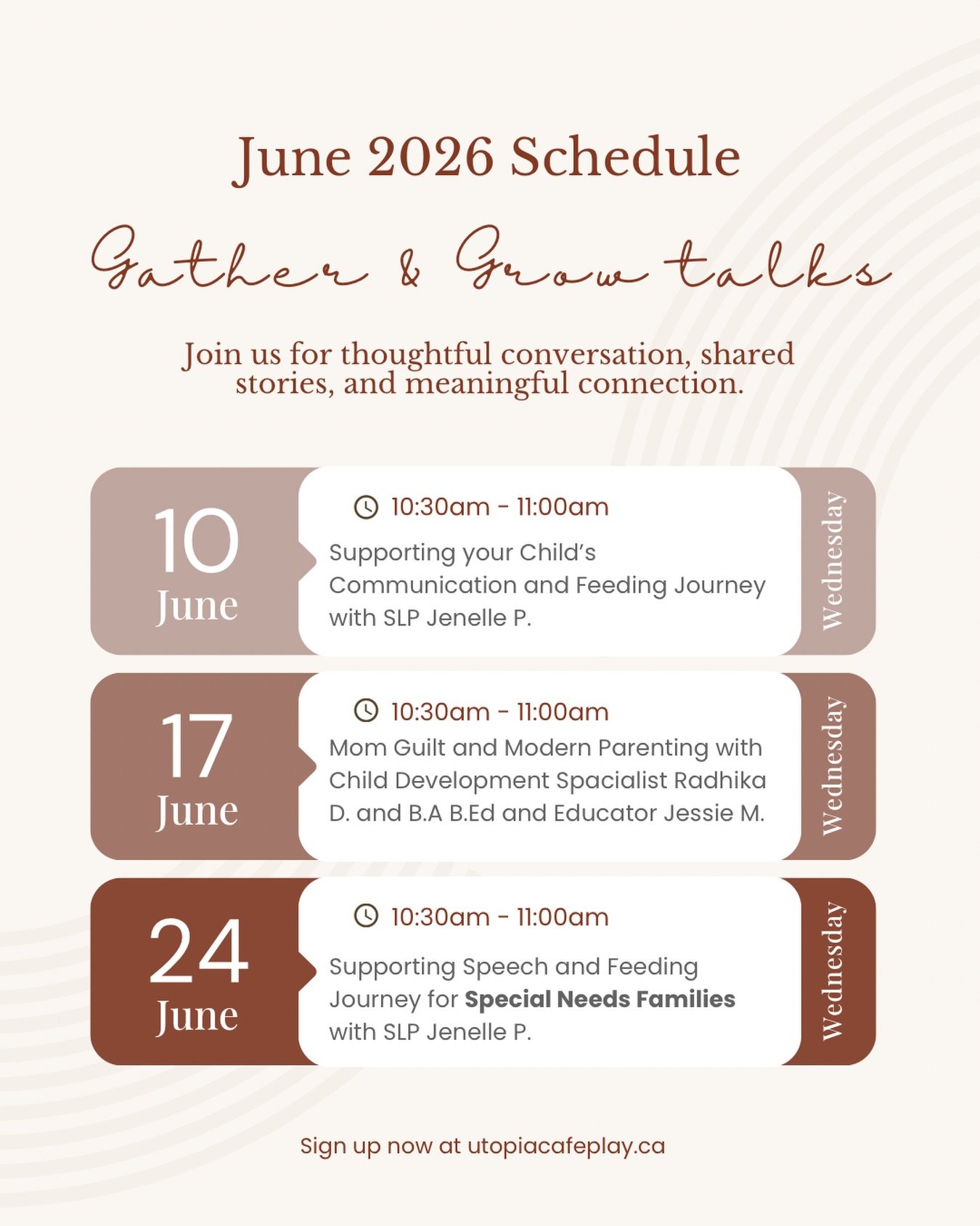 Upcoming Gather and Grow Talks! Sign up now at utopiacafeplay.ca