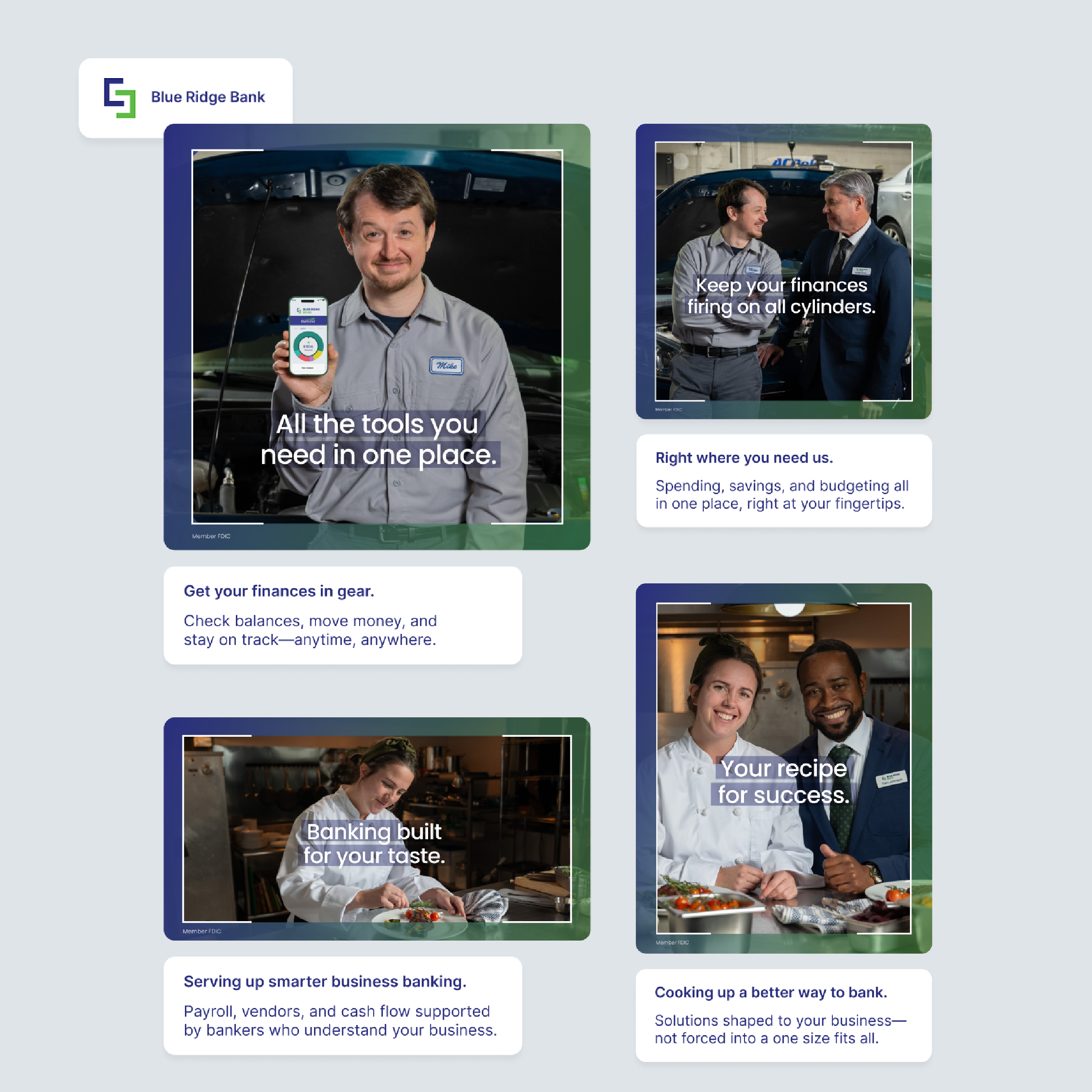 A promotional layout for Blue Ridge Bank showing four images, each depicting different professionals and corresponding banking services such as tools in one place, financial management, business banking, and culinary success, with descriptive text fo