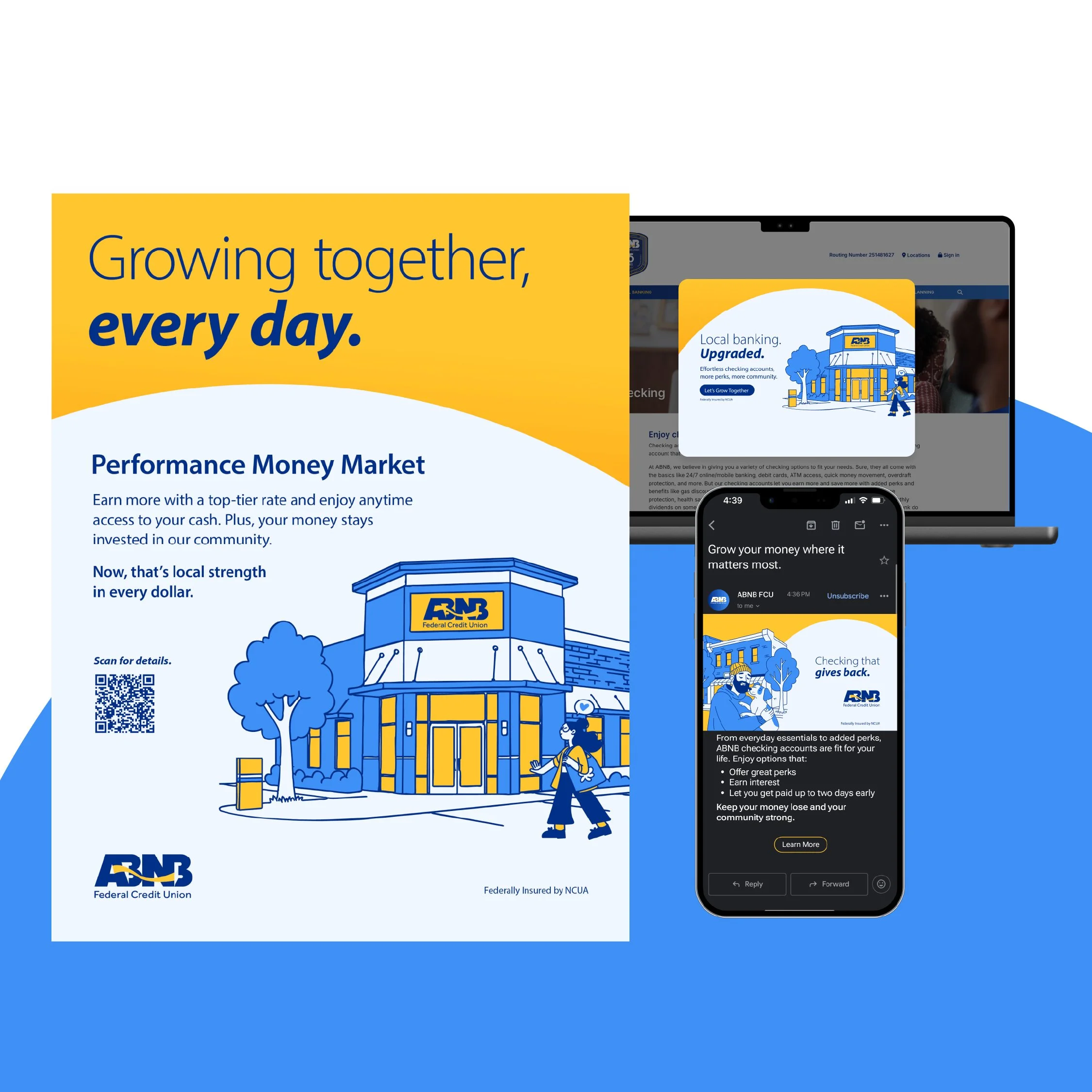 flyer design, banking banner, and email design mockups on colorful background