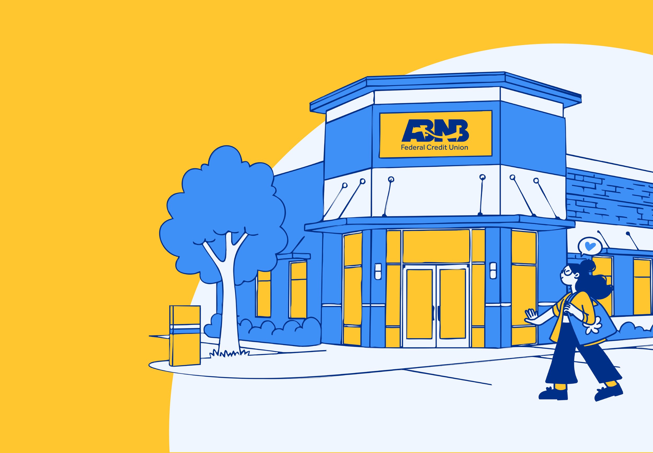 Illustration of a person walking outside a branch of the ARNB Federal Credit Union, with trees and a clear sky background, using a blue and yellow color scheme.
