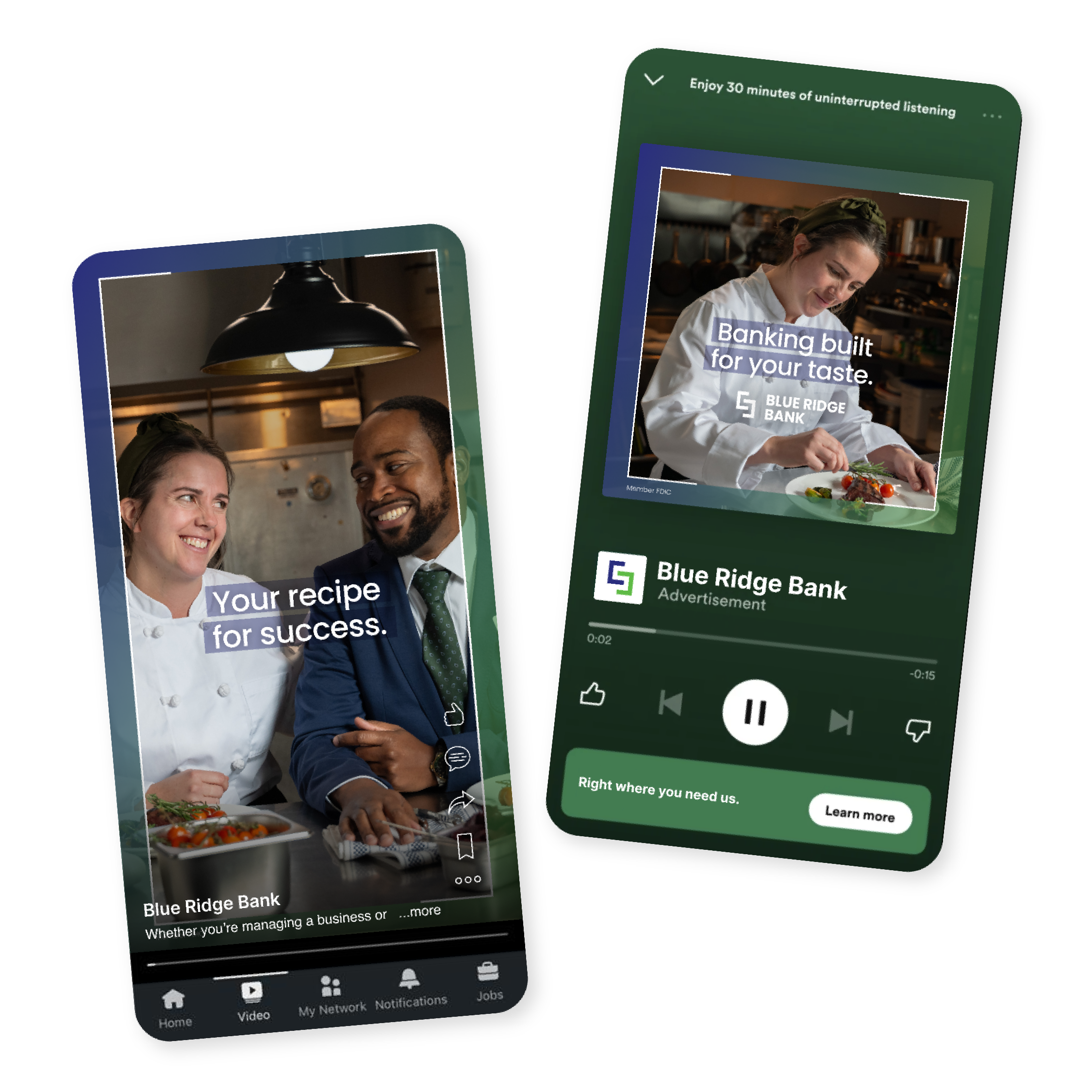 Two smartphones displaying advertisements for Blue Ridge Bank. The left phone shows a smiling woman and man in a restaurant kitchen with the text 'Your recipe for success.' The right phone shows a woman cooking, with the text 'Banking built for your 