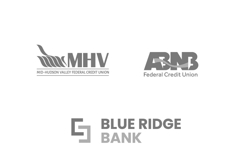 grayscale logos of mid-hudson valley federal credit union, abnb federal credit union, and blue ridge bank