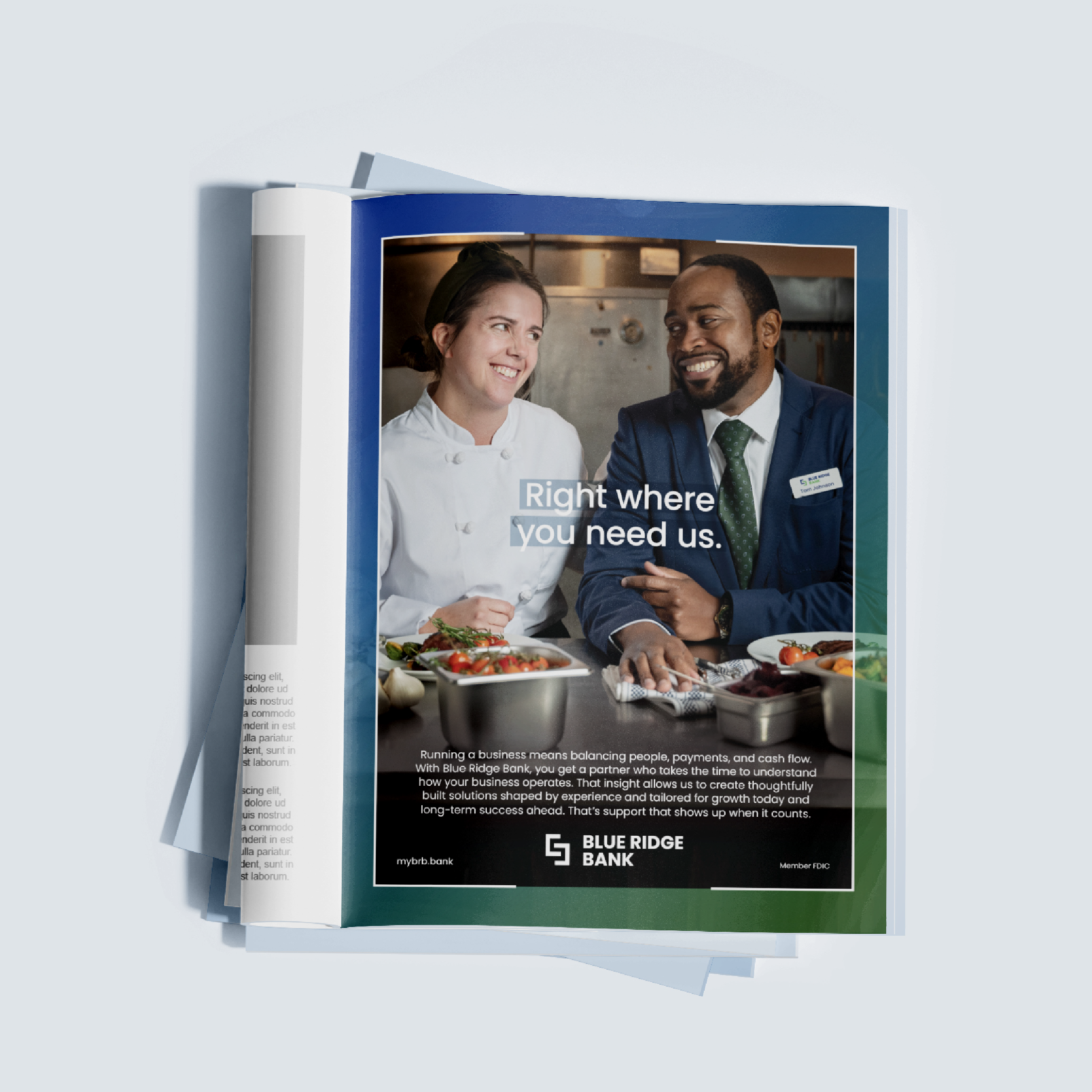 Magazine advertisement for Blue Ridge Bank featuring a smiling woman chef and a man in a suit in a kitchen with food and the text "Right where you need us."