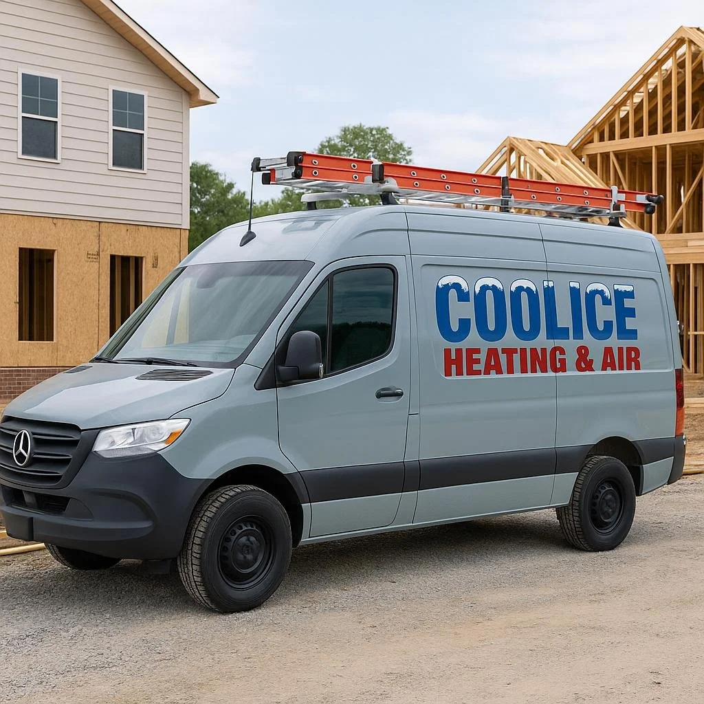 A silver service van with the words 'COOLICE HEATING & AIR' parked at a construction site with houses under construction in the background.