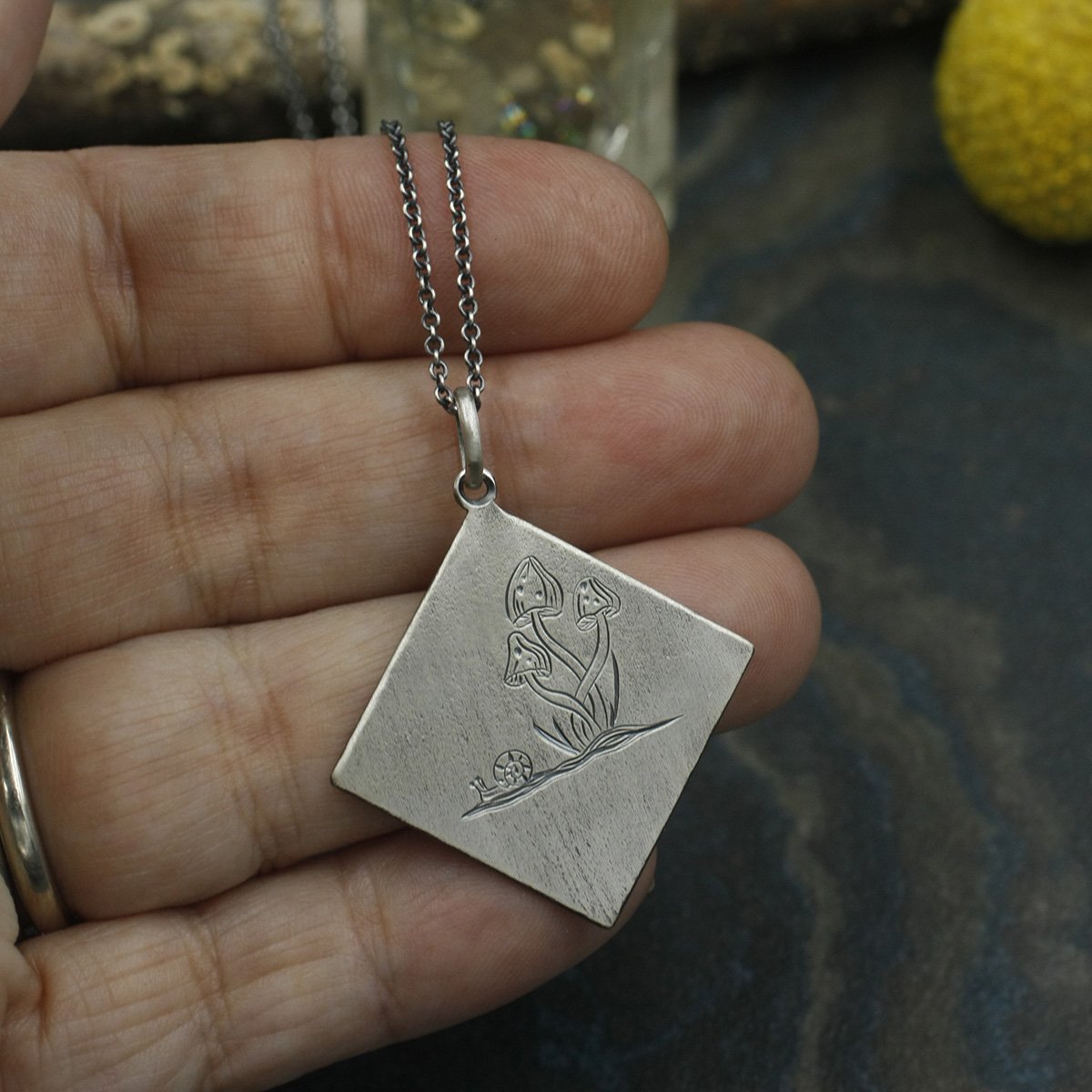Gravée Linen Texture Square Mushroom Trio and Snail Pendant 2.jpg