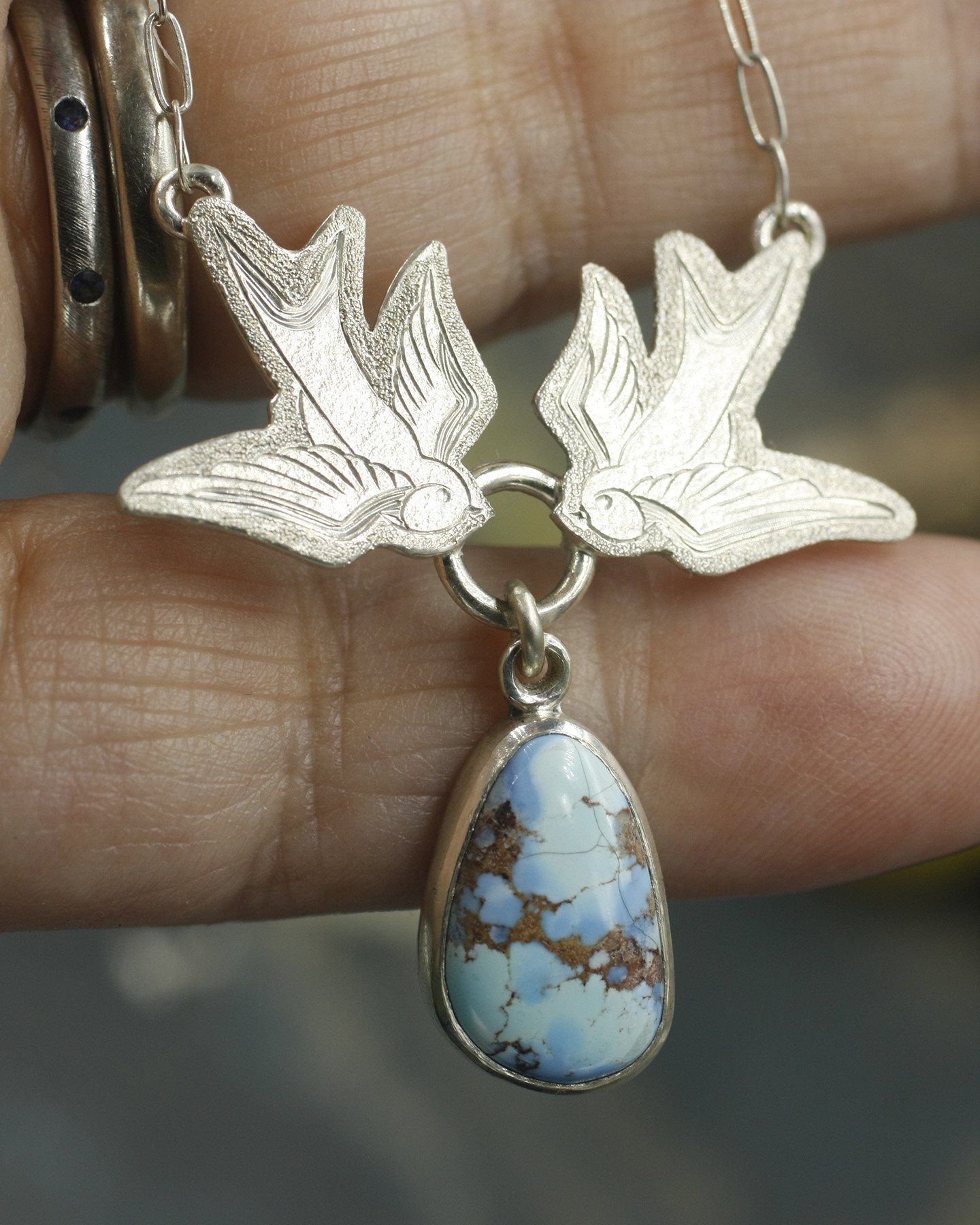 Gravée Tattoo Style Swallows with Lavender Turquoise Drop Necklace 5.jpg