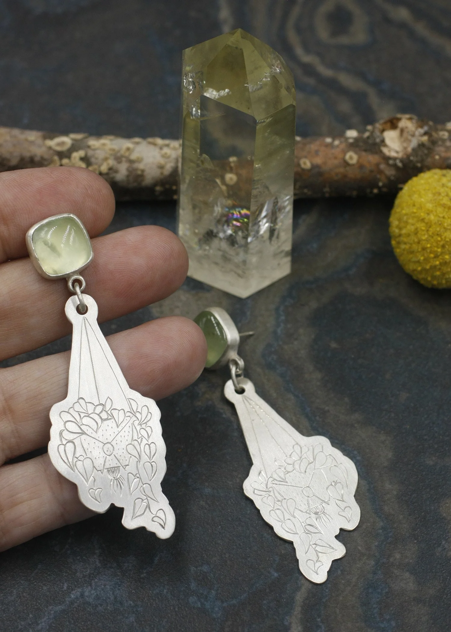 Gravée Hanging Plant Philadendron with Prehnite earrings.jpg