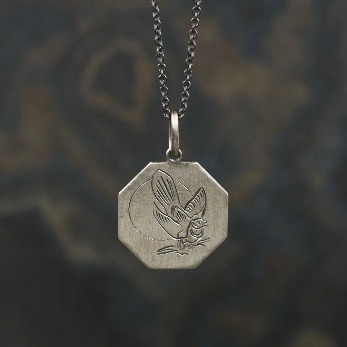 Gravée Octogon Linen Texture Nightingale Bird Pendant.jpg