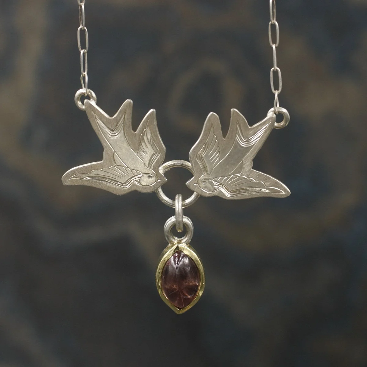 Gravée Tattoo Swallows with Garnet Dangle Pendant.jpg