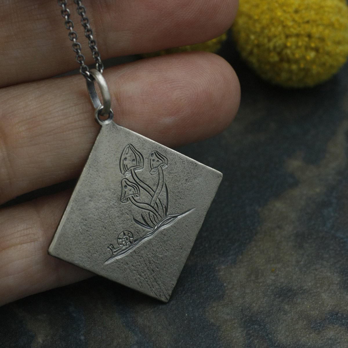 Gravée Linen Texture Square Mushroom Trio and Snail Pendant 5.jpg