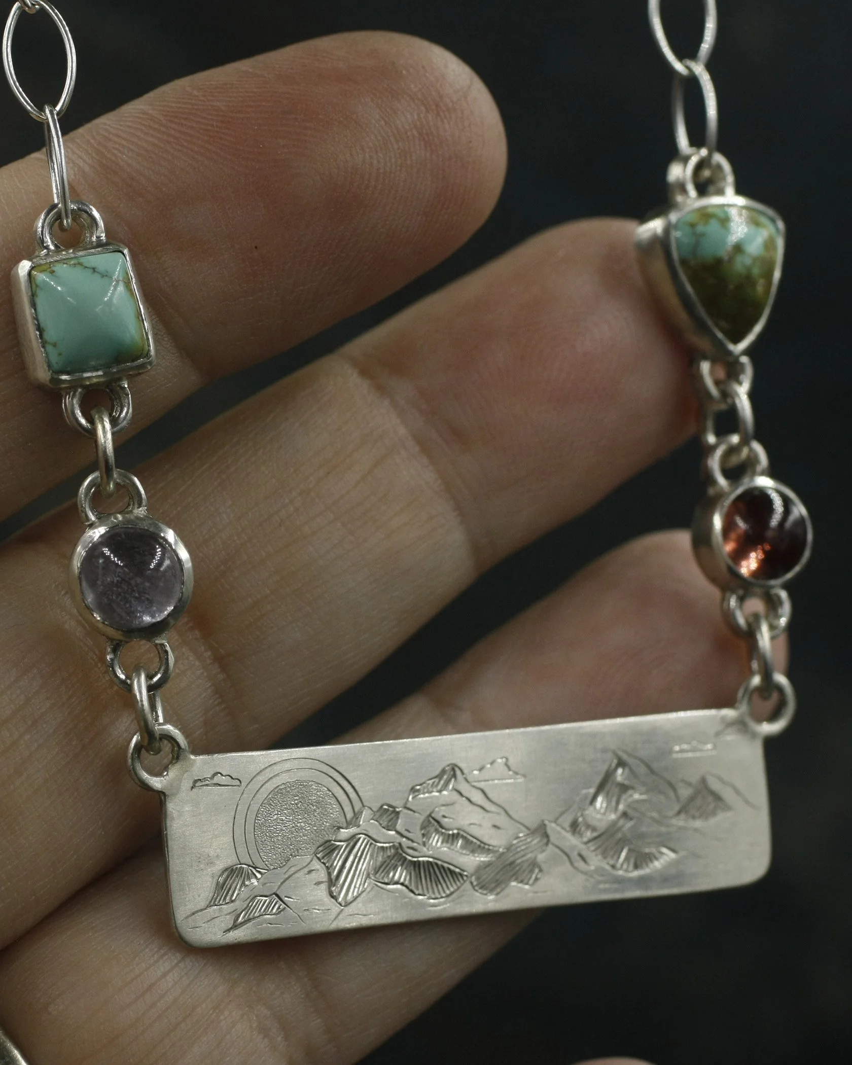 Mountains and Sun Cloud Bar with Mixed Gemstones Necklace 4.jpg