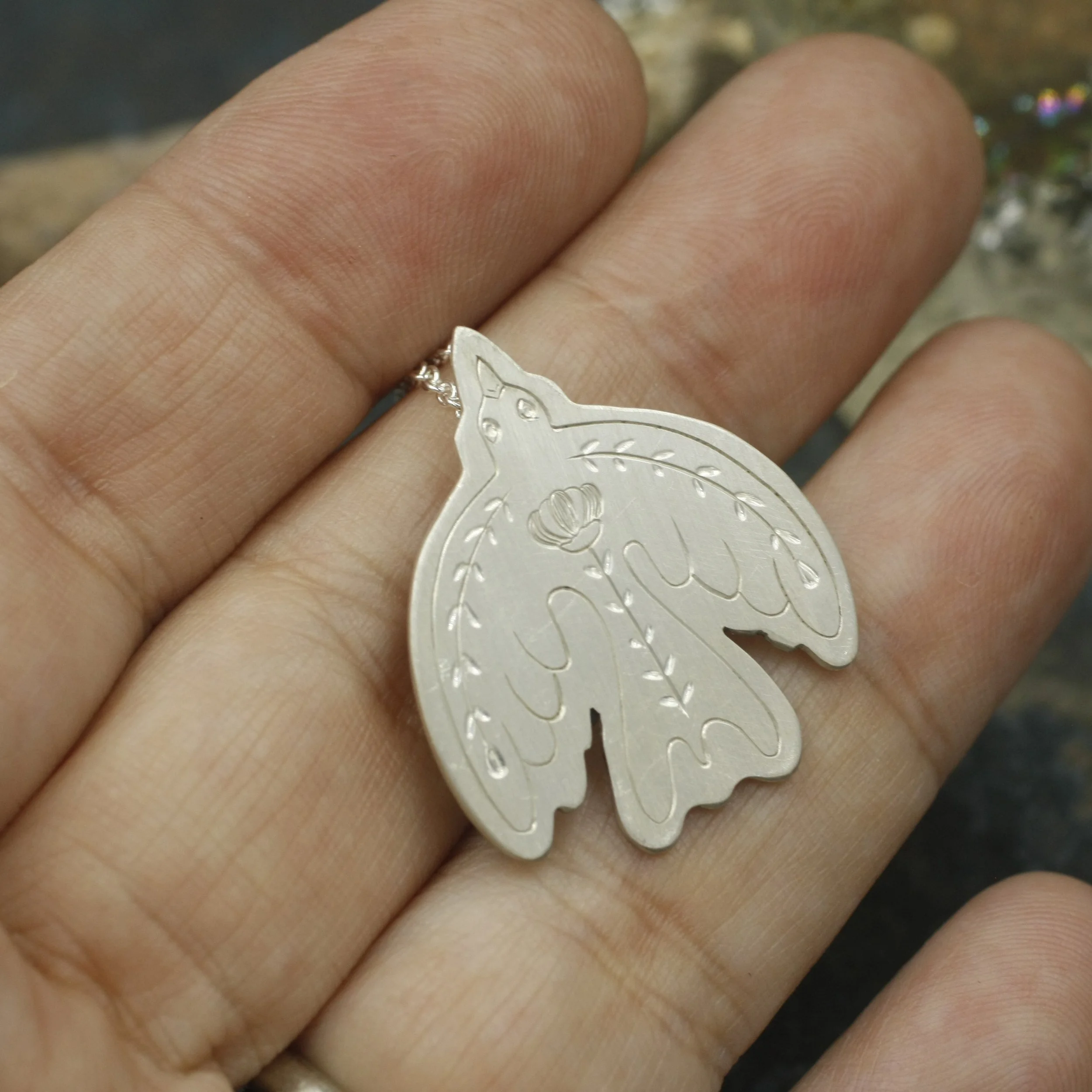 Gravée Flower Folk Bird Pendant Satin Finish 1.jpg