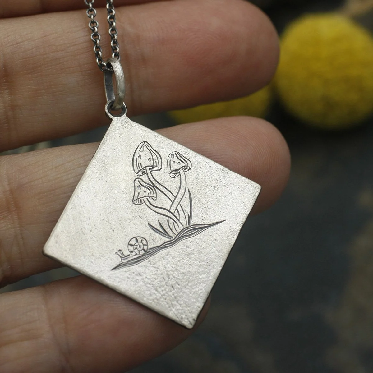 Gravée Linen Texture Square Mushroom Trio and Snail Pendant 3.jpg