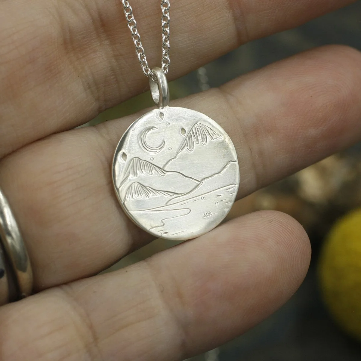 Gravée Snowy Mountains and River Crescent Moon Circle Pendant 3.jpg