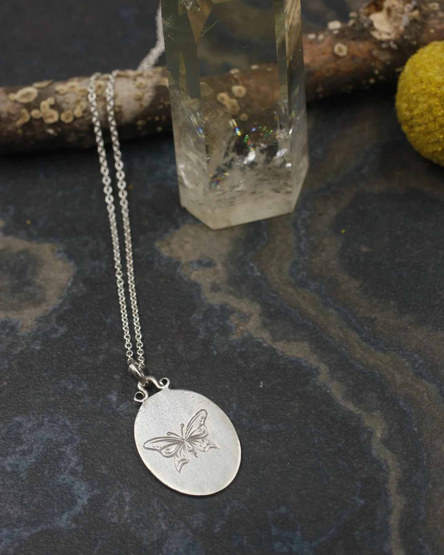 Gravée Linen Texture Butterfly with Crescent Moons Pendant 3.jpg