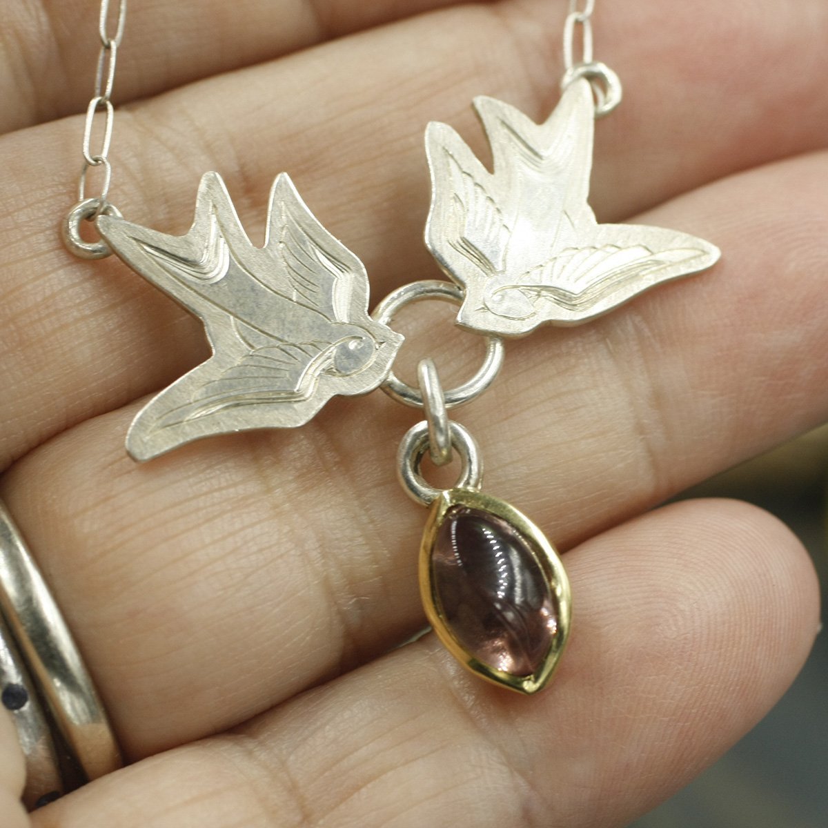 Gravée Tattoo Swallows with Garnet Dangle Pendant 2.jpg