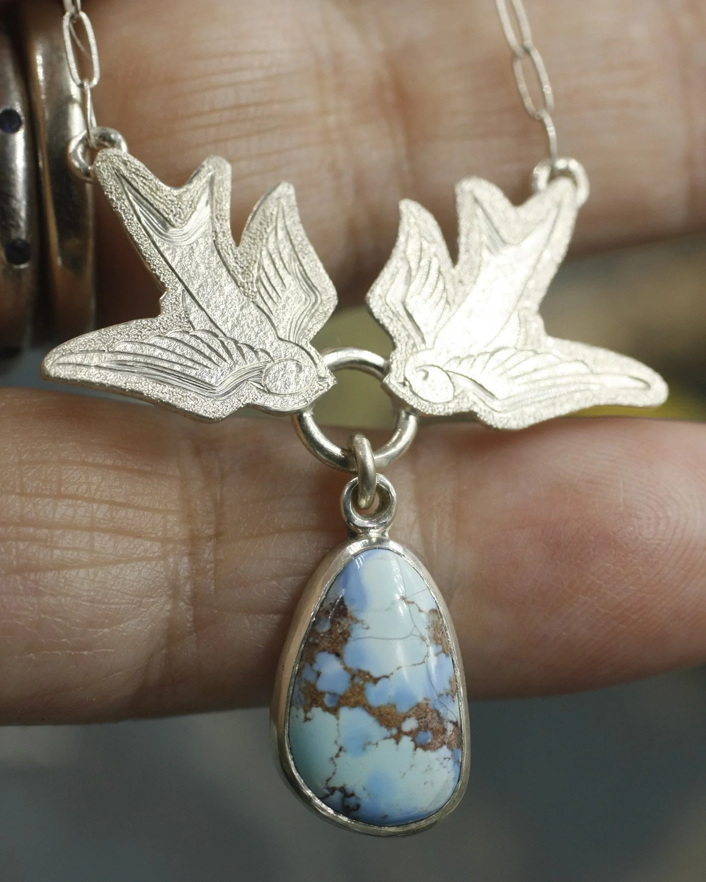 Gravée Tattoo Style Swallows with Lavender Turquoise Drop Necklace 3.jpg