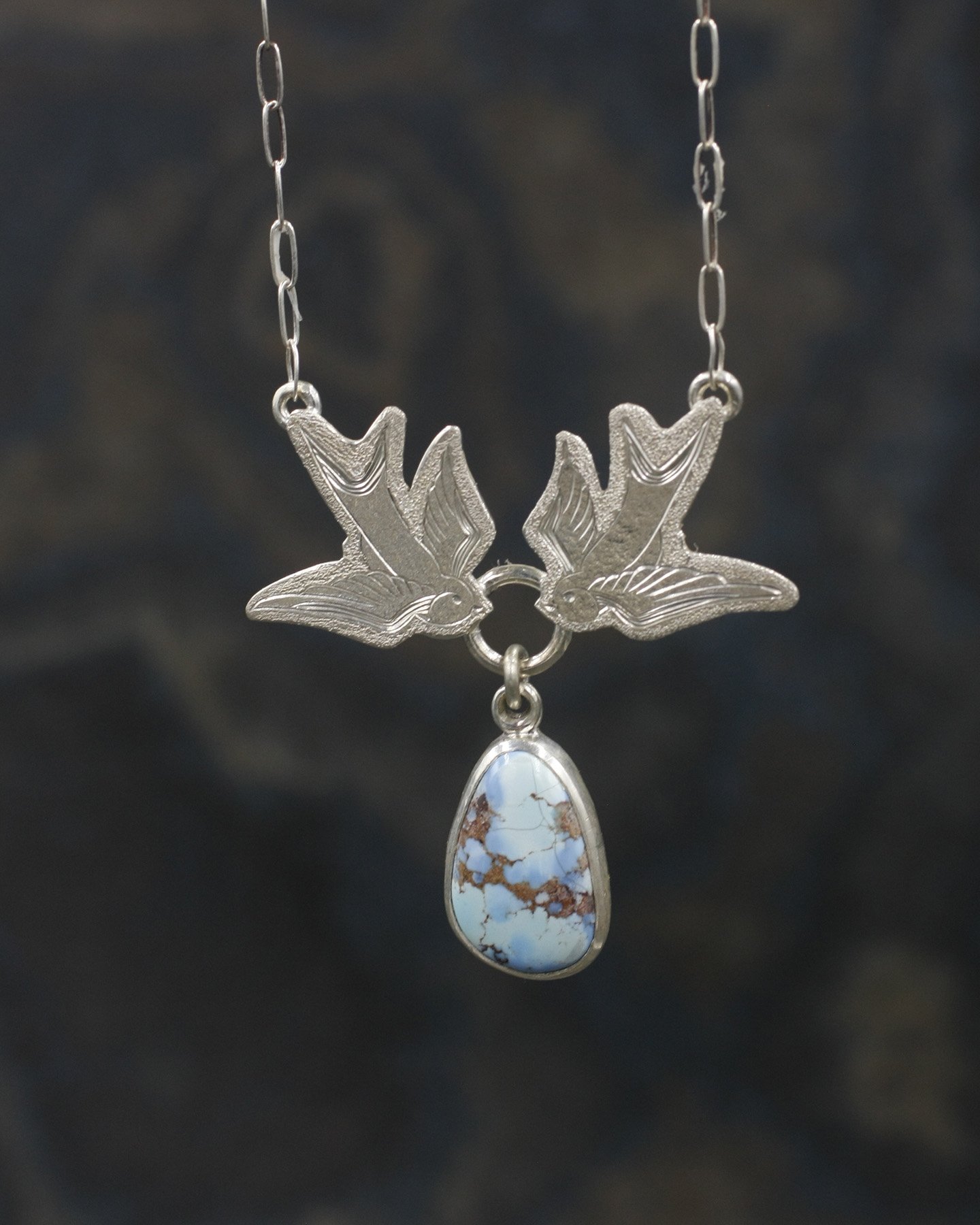 Gravée Tattoo Style Swallows with Lavender Turquoise Drop Necklace 6.jpg