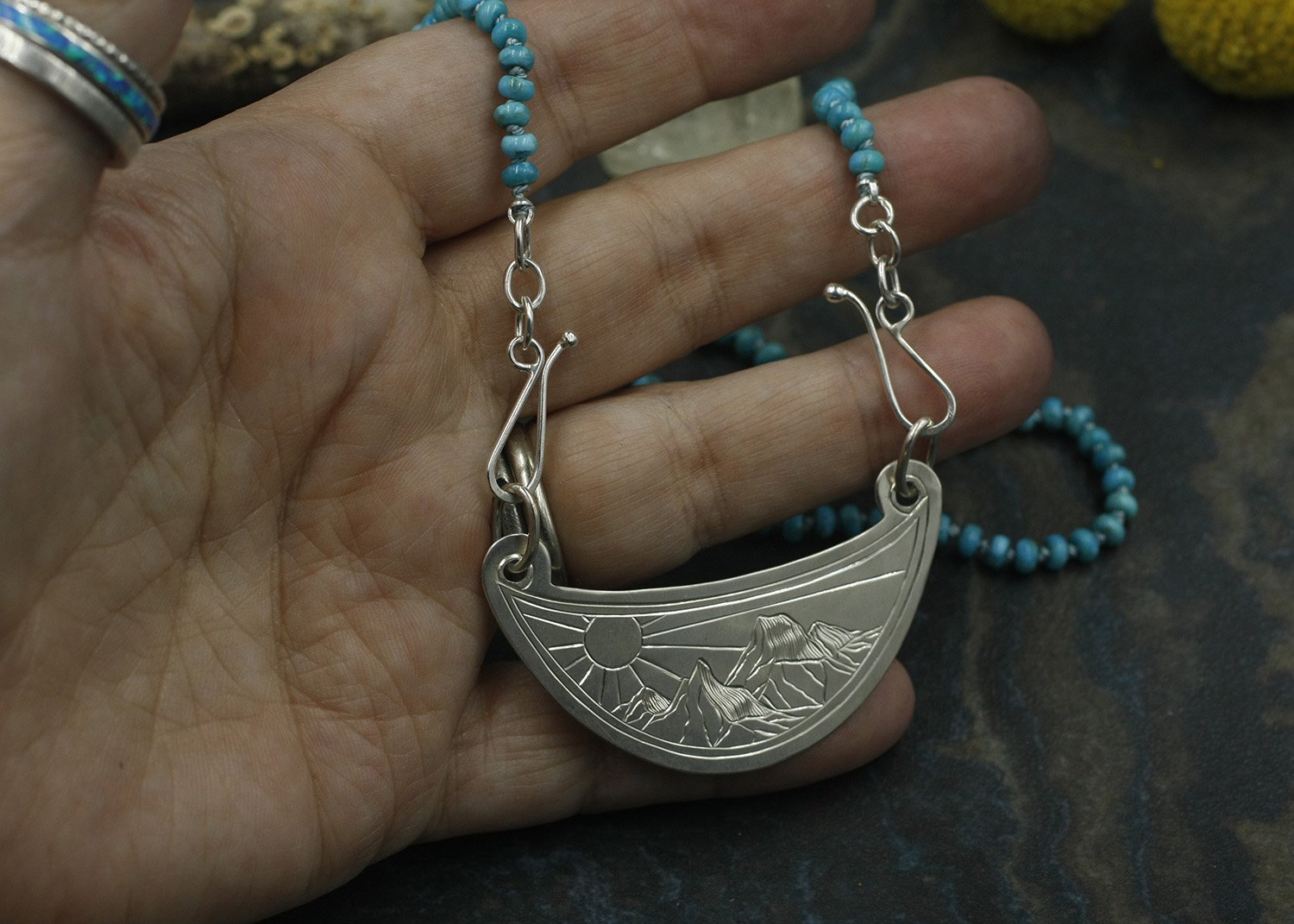Gravée Mountain Sunrise Crescent Centerpiece on Turquoise 1.jpg