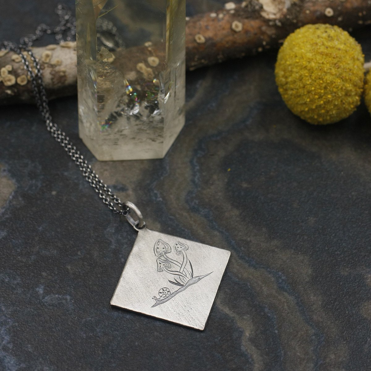 Gravée Linen Texture Square Mushroom Trio and Snail Pendant 1.jpg