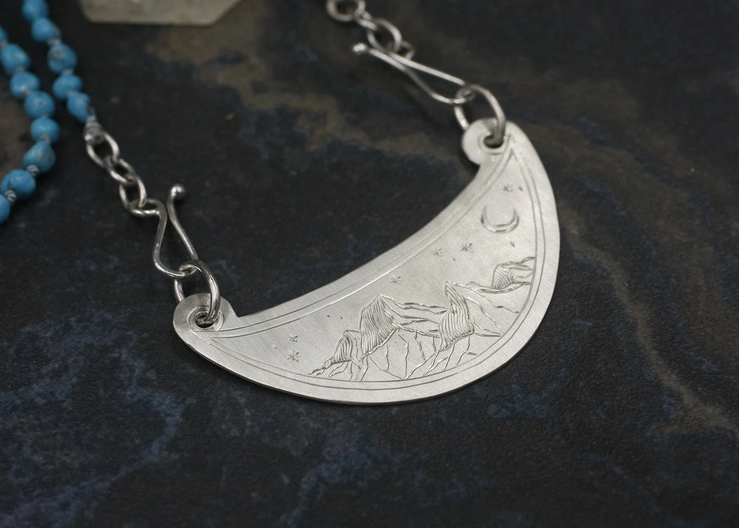 Gravée Mountain Night Moon Crescent Centerpiece on Turquoise.jpg