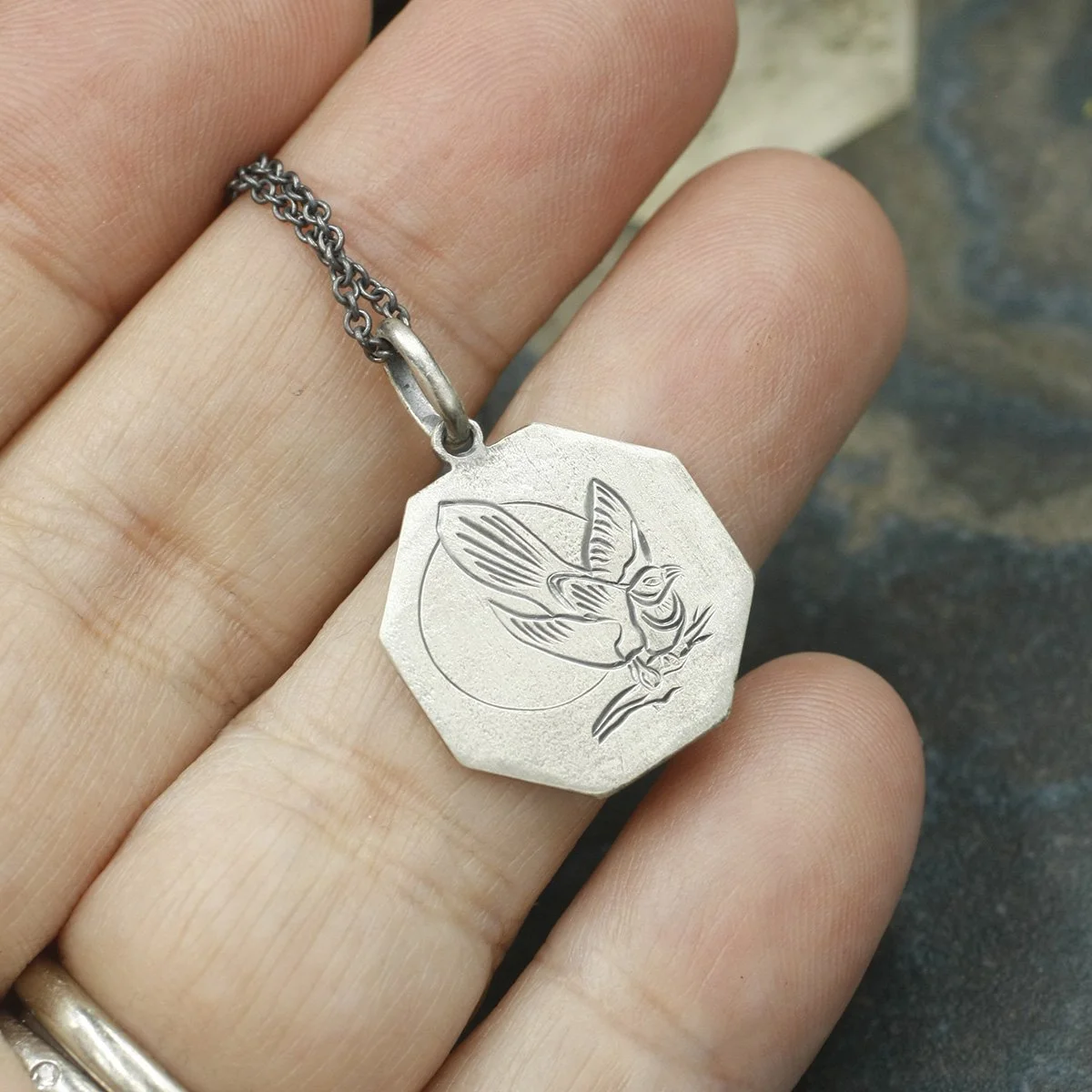Gravée Octogon Linen Texture Nightingale Bird Pendant 1.jpg
