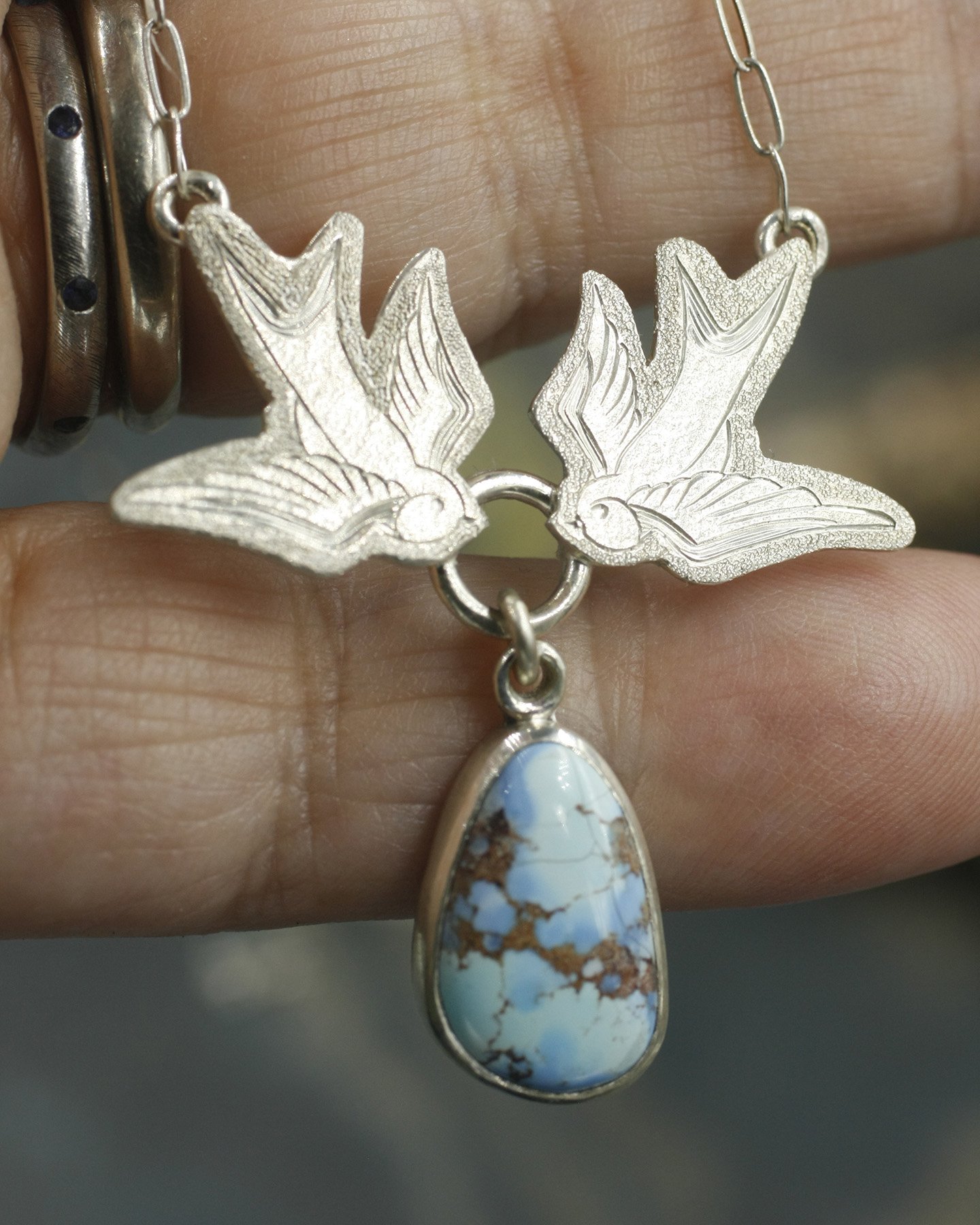 Gravée Tattoo Style Swallows with Lavender Turquoise Drop Necklace 4.jpg