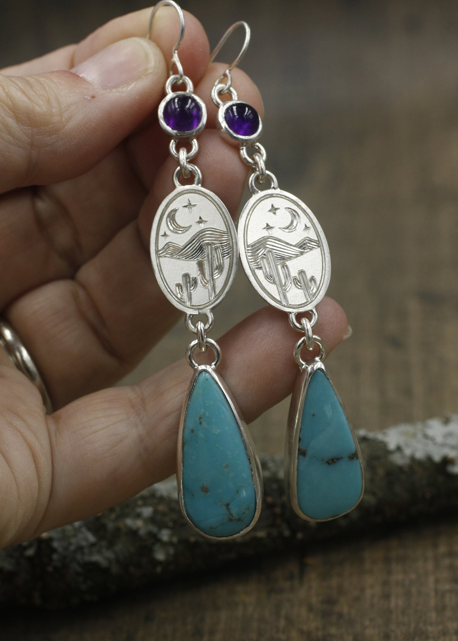 Gravée Cactus Moon Amethyst and Campitos Turquoise Dangle Earrings 3.jpg