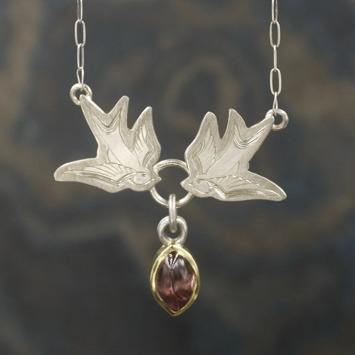Gravée Tattoo Swallows with Garnet Dangle Pendant 3.jpg