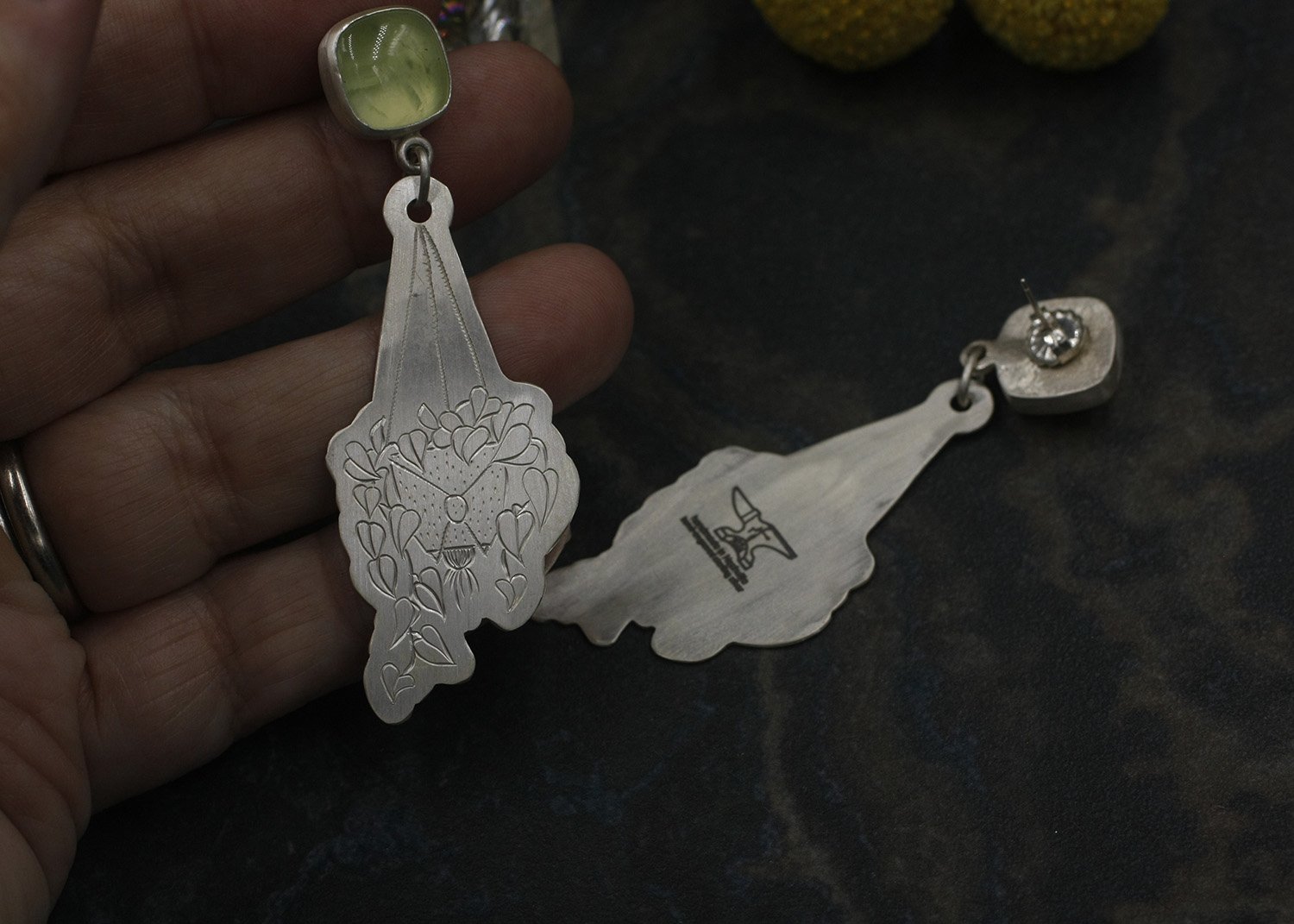 Gravée Hanging Plant Philadendron with Prehnite earrings 4.jpg