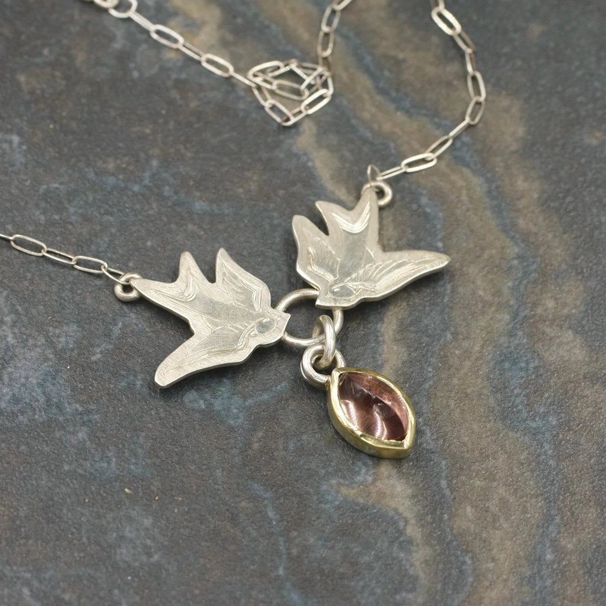 Gravée Tattoo Swallows with Garnet Dangle Pendant 1.jpg
