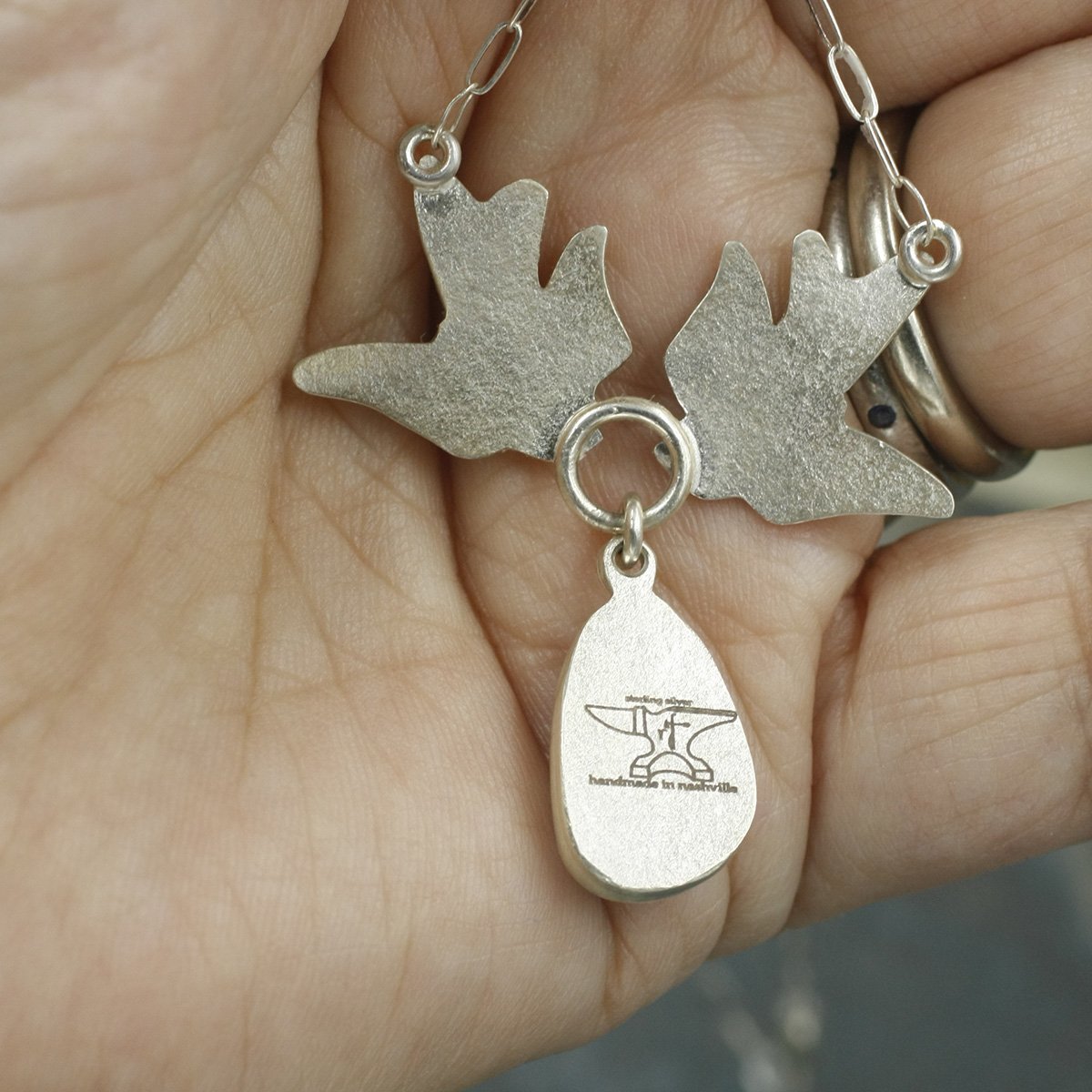Gravée Tattoo Style Swallows with Lavender Turquoise Drop Necklace 2.jpg